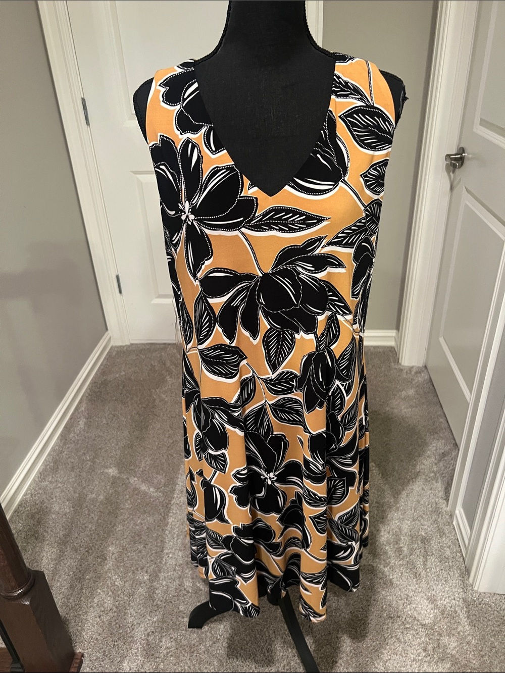 Anne Klein Black and Mustard Floral V-Neck Midi Dress